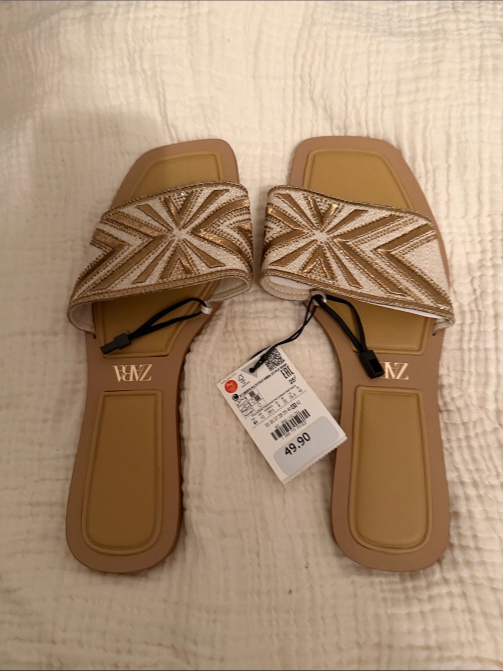 Zara Gold and Beige Beaded Slide Mules